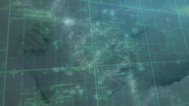 Animation of data processing over caucasian woman sea at sea. Communication information technology and digital interface concept digitally generated video.