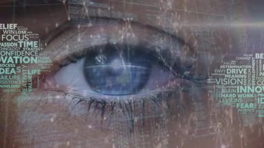 Animation of graphical motivating text, dots connected with lines, woman's eye with futuristic globe. Hologram, digital composite, multiple exposure, global network, internet, futuristic, technology.