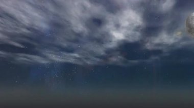 Animation of glitch effect over bright light spot and moon in the dark sky. Business technology concept