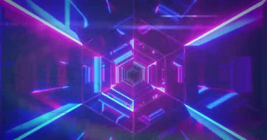 Eşsiz aydınlatılmış mavi ve pembe fütüristik soyut tasarımın animasyonu. Dijital olarak oluşturulmuş, bilgisayar grafiği, ışık efekti, ağ, döngü videosu, desen.