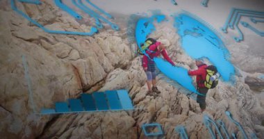 Male hiker helping partner on ridge starting rotating globe and rising bars visualizing tech growth. Adventure, teamwork, exploration, resilience, outdoor, scenic, technology