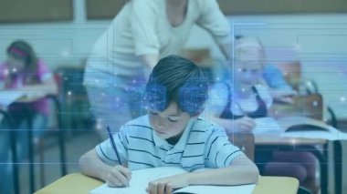 Teacher approaching student desk, pointing at notebook and guiding writing with education holograms. Classroom, education, mentorship, learning, study, academic, focus