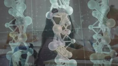 Girl taking notes and glancing toward peers after DNA model fading in view aiding science learning. Educational, technology, innovation, research, collaboration, futuristic, curiosity