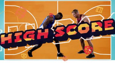 Animation of high score text with diverse basketball players. Sport and digital interface concept digitally generated video.