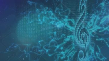 Animation of white particles over spots of light and music element against green background. Computer interface and business technology concept