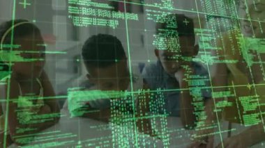 Children tapping touch-screen device revealing green code while teacher guiding learning. Educational, teamwork, digital, interactive, innovation, youth, mentorship