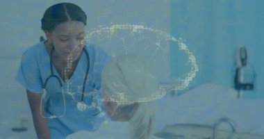 Nurse initiating rotating brain hologram while explaining medical data for patient insight bedside. Healthcare, innovation, technology, patient care, clinical, medical, futurism