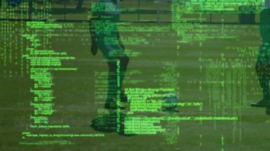 Animation of team emblems with graphs and data processing over team. Sport and competition concept digitally generated video.