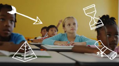 On arrow pyramid timer scroll icons fading students writing notebooks during lesson raising hands. Learning, education, classroom, teamwork, motivation, concentration, innovation