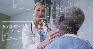 Doctor placing hand on shoulder, palpating chest and reading digital data panels for health check. Medical professional, healthcare, digital technology, diagnostic, modern, consulting, clinical