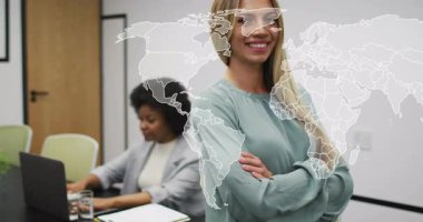 Global map overlay fading in shifting over office showing business as peer typing and woman smiling. Business, collaboration, professional, technology, conference, communication, leadership