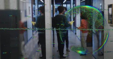 Coworkers in office examining folder and using phone after talk while glitch emerging then fading. Collaboration, communication, technology, urban, modern, teamwork, digital