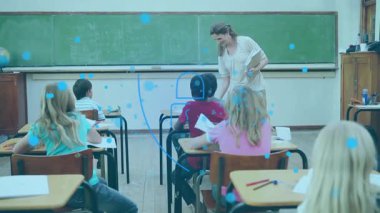 Teacher walking aisle handing graded papers to class while digital padlock appears fading feedback. Education, classroom, learning, pedagogy, digital, interaction, academic