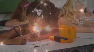 Educational overlays animating shifting revealing students writing workbook exercises in classroom. Learning, collaboration, focus, curiosity, literacy, development, engagement