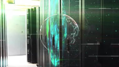 On still camera, globe hologram emerging and radiating data lines along racks showing network flow. Technology, data, innovation, cybersecurity, digital, futuristic, networking