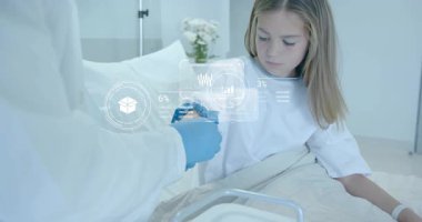 Medical professional securing tourniquet on patient forearm activating hologram health data display. Healthcare, medical, futurism, innovation, technology, patient care, diagnostics