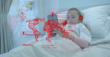 Girl tapping smartphone in hospital and causing pulsing red hacking overlay while verifying breach. Children, technology, cybersecurity, digital disruption, childhood, healthcare, innovation