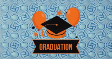 Blue swirl moving, orange cap fading, balloons rising, tassel swinging, GRADUATION banner sliding. Celebration, achievement, success, academia, festive, decor, milestone