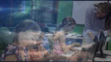 Teacher entering lab guiding student typing at keyboard with digital overlay boosting focus. Education, technology, learning, classroom, digital, mentorship, innovation