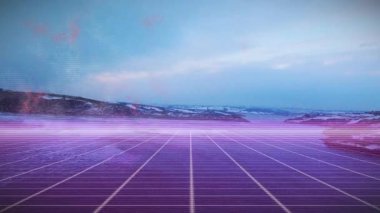 Animation of purple grid pattern moving over seascape against cloudy sky at dusk. Digital composite, multiple exposure, nature and scenery concept.