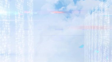 Animation of data processing and light trails over sky with clouds. Global technology, computing and digital interface concept digitally generated video.