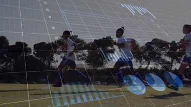 Animation of data processing over diverse female football players on pitch. Sports, competition, computing and data processing concept digitally generated video.