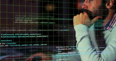 Sakallı geliştirici açma kodu yeşil ızgarada üstüste ve hata ayıklama sırasında parmakları birbirine geçiriyor. Programlama, yazılım, siber güvenlik, teknoloji, çalışma alanı, konsantrasyon, yenilik