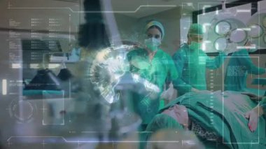 Kafkasyalı doktorlar üzerinde veri işleme ve küre animasyonu. Küresel tıp ve dijital arayüz kavramı dijital olarak oluşturulmuş video.