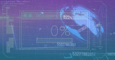 Grafikle finansal veri işleme animasyonu, dijital arayüzde dünya. Dijital bileşik, yapay zeka, küresel iletişim, bulut hesaplama, geliştirme, teknoloji, kodlama.