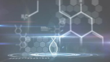 DNA iplikçiklerinin dönüşünün animasyonu ve DNA ipliği üzerinde tıbbi veri işlemesi. Küresel bilim dünyası dijital arayüz teknolojisi ve dijital olarak üretilen ağ konsepti.