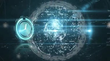 Dünya çapında saat ve istatistik işleme animasyonu. Dijital arayüz teknolojisi ve ağ konsepti dijital olarak oluşturuldu.