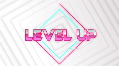 Animation of level up text over shapes. Social media and digital interface concept digitally generated video.