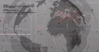 Küresel dönüşüm, kırmızı röfleler titreşen çizgiler veri akışını görselleştirirken kod panellerini tetikler. Coğrafya, veri görselleştirme, dijital arayüz, teknoloji, ağ, analiz, soyut