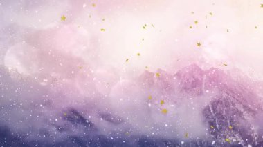 Sisli havada dağların üzerinde mercek patlamalarına karşı yüzen yıldız şekilli konfeti animasyonu. Dijital bileşik, illüstrasyon, dekorasyon, doğa, Noel, kış, tatil ve vektör.