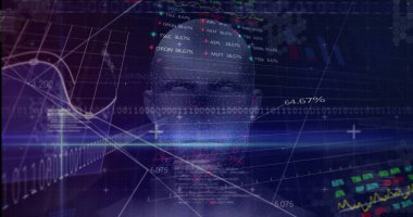 Hologram baş silueti dijital ekran üzerinde ikili akımlarla üst üste çizgi çizelgeleri gösteriliyor. Fütürist, veri görselleştirme, teknoloji, analitik, dijital arayüz, yapay zeka, sibernetik