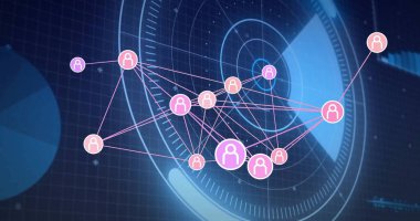 Gösterge panelinde parlayan avatar simgelerini birbirine bağlı olarak gösteren ağ grafiği görselleştiriliyor. Dijital, teknoloji, fütüristik, veri, bağlantı, arayüz, soyut