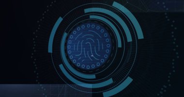 Güvenlik ekranında HUD halkaları, ikili kod ve ızgara çizgileri ile parlayan dijital parmak izi ikonu. Siber güvenlik, biyometri, biyometrik, yüksek teknoloji, veri görselleştirme, dijital arayüz, kimlik doğrulama
