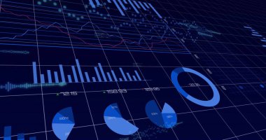 Bar tablosu, pasta ve halka grafikleri, ızgara gösterge panelinde sayısal etiketli çizgi grafikleri gösteriliyor. Teknoloji, veri, analitik, grafik, arayüz, görselleştirme, dijital