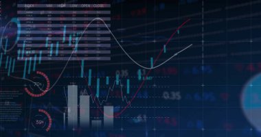 Dizin tablosu, şamdan çizelgesi ve göstergeleriyle dijital ticaret panelinde finansal veriler gösteriliyor. Finans, analitik, gösterge panelleri, teknoloji, veri görselleştirme, yatırım, pazar eğilimleri