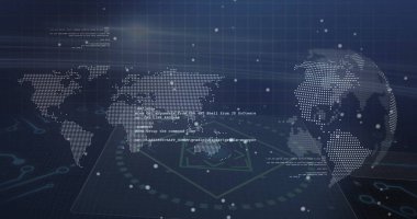 Noktalı dünya haritası fütüristik ekranda gösteriliyor, noktalı küre, kod parçacıkları, parlayan ızgara. Teknoloji, veri görselleştirme, dijital arayüz, holografi, siber, yenilik, sanal