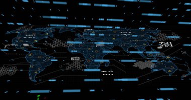 Mavi HUD çizgileri ve uyarı simgeleri olan ızgara çizgileri konsolunda biçimlendirilmiş dünya haritası gösteriliyor. Fütürist, dijital, arayüz, veri görselleştirme, teknoloji, analitik, gösterge paneli
