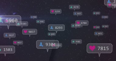 Yüzen konuşma baloncukları pembe kalp beğeni gösteriyor, yeşil oylar, sanal uzayda mavi takipçiler. Fütürist, dijital, soyut, veri görselleştirme, teknoloji, ağ, yenilik