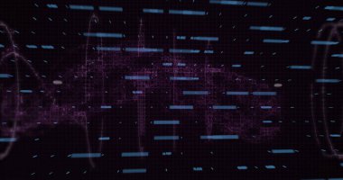 Gösterge panelindeki düğümleri koyu renk şebeke ve turkuaz çubuklarla birleştiren mor ağ görselleştiriliyor. Gelecek, teknoloji, siber güvenlik, veri, bağlantı, dijital, soyut
