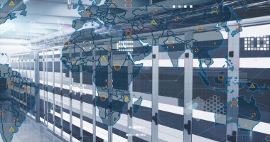 Parlak sunucu dolapları ve yüzen dijital kaplamalarla veri merkezi koridoru görüntüleniyor. Gelecekçi, teknoloji, siber güvenlik, dijital, altyapı, ağ, modern