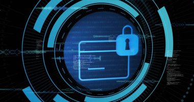 Koyu arayüzde mavi ödeme kartı verileri gösteren asma kilit, ikili kod bölümleri UI halkaları. Siber uzay, şifreleme, dijital güvenlik, fütürizm, ağ, teknoloji, yenilik