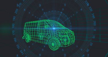Dönen neon yeşil kablo minibüsü şebeke zemininde asılı duruyor, yüksek çözünürlüklü halkalar ve derece işaretleri var. Fütürist, dijital, siber, teknoloji, görselleştirme, sanal, yüksek teknoloji