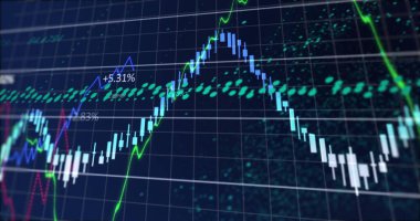 Beyaz ızgarada mavi şamdanlar, yeşil çizgiler, noktalı işaretler ve yüzdelerle gösteriliyor. Finansal, veri, analitik, teknoloji, yatırım, grafik, gösterge paneli