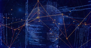 Merkezi kod küresi görüntüleniyor. Veri alanında altın düğümlerle parlayan turuncu ağ çizgileri örülüyor. Fütürist, dijital, teknoloji, siber alan, bağlantı, veri, yenilik