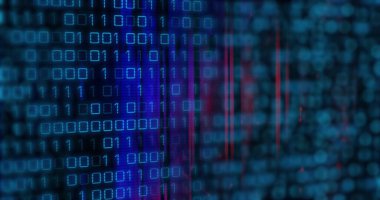 Bilgisayar ekranında parlayan ikili basamaklar ve renkli çizgiler kod arayüzü ile akış ızgarası. Teknoloji, veri görselleştirme, dijital arayüz, fütüristik tasarım, siber güvenlik, soyut sanat, yüksek teknoloji
