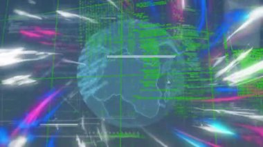 Değişen dünyada programlama diline karşı hareket eden çok renkli desenlerin animasyonu. Dijital olarak üretilmiş, hologram, küreselleşme, kodlama, yapay zeka ve teknoloji konsepti.